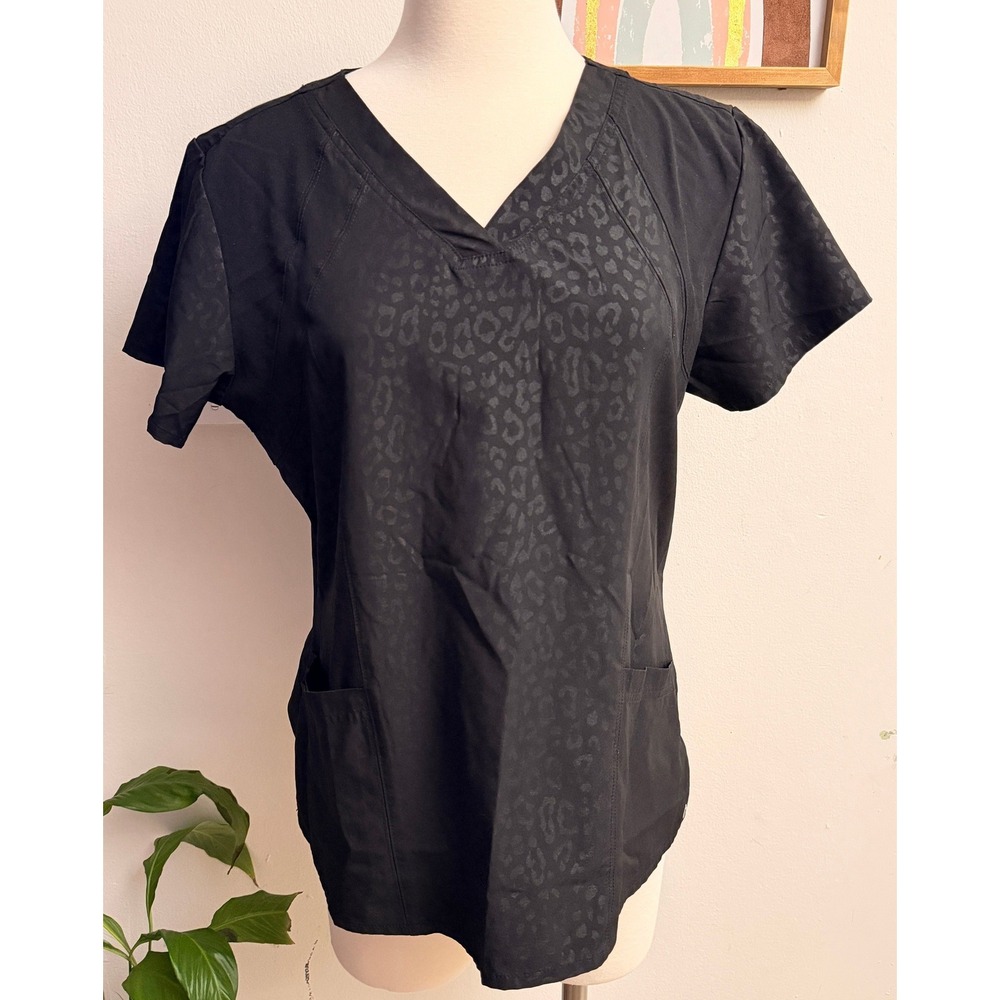 Barco‎ One Scrub Top Womens Large Black Leopard Print V-Neck Medical 5105